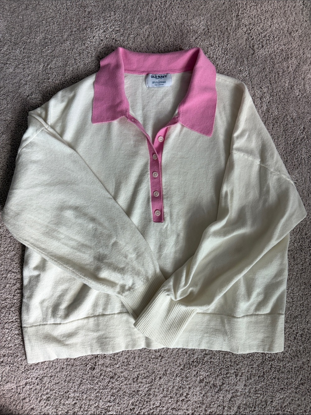 Old Navy Cream V-Neck Sweater with Pink Polo Collar